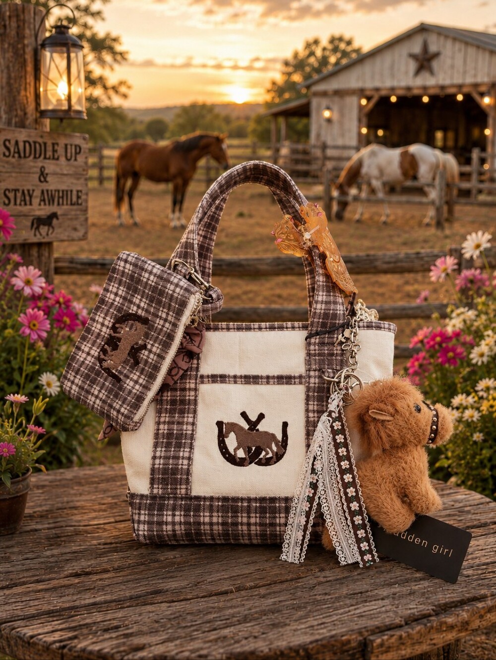 Madden Girl Western Equestrian Canvas Mini Tote Complete 6pc Set NWT Viral Rare